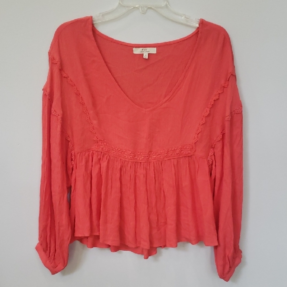 Chelsea & Violet Top Womens M Orange Cropped Lace Trim Peasant Blouse Hippie
